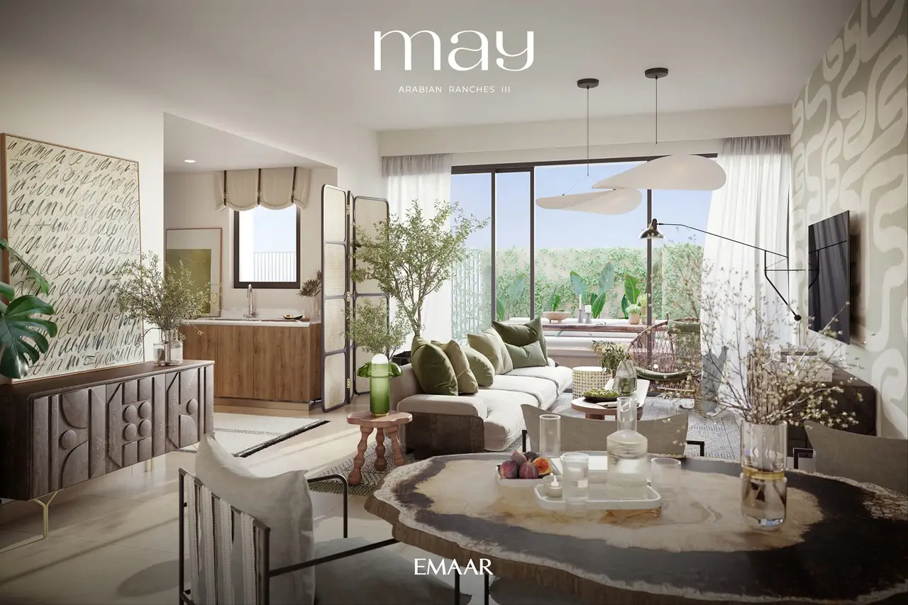 May at Arabian Ranches 3 by Emaar Properties contemporary open plan living room with dining area, modern kitchen, and garden views in Dubai Presented by Tohid Fetrat