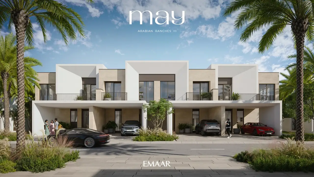 May at Arabian Ranches 3 by Emaar Properties contemporary townhouse community view with landscaped streets and covered parking in Dubai Presented by Tohid Fetrat
