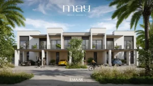 May at Arabian Ranches 3 by Emaar Properties contemporary townhouse street view with landscaped surroundings and covered parking in Dubai Presented by Tohid Fetrat