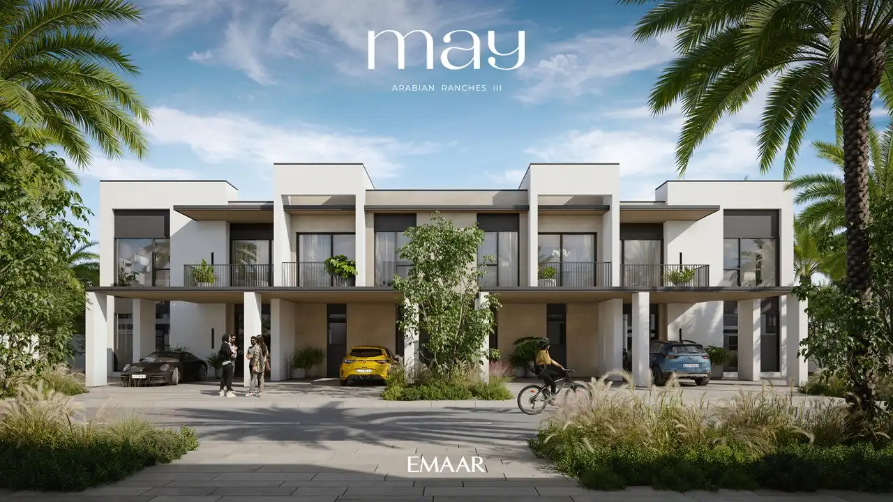 May at Arabian Ranches 3 by Emaar Properties contemporary townhouse street view with landscaped surroundings and covered parking in Dubai Presented by Tohid Fetrat