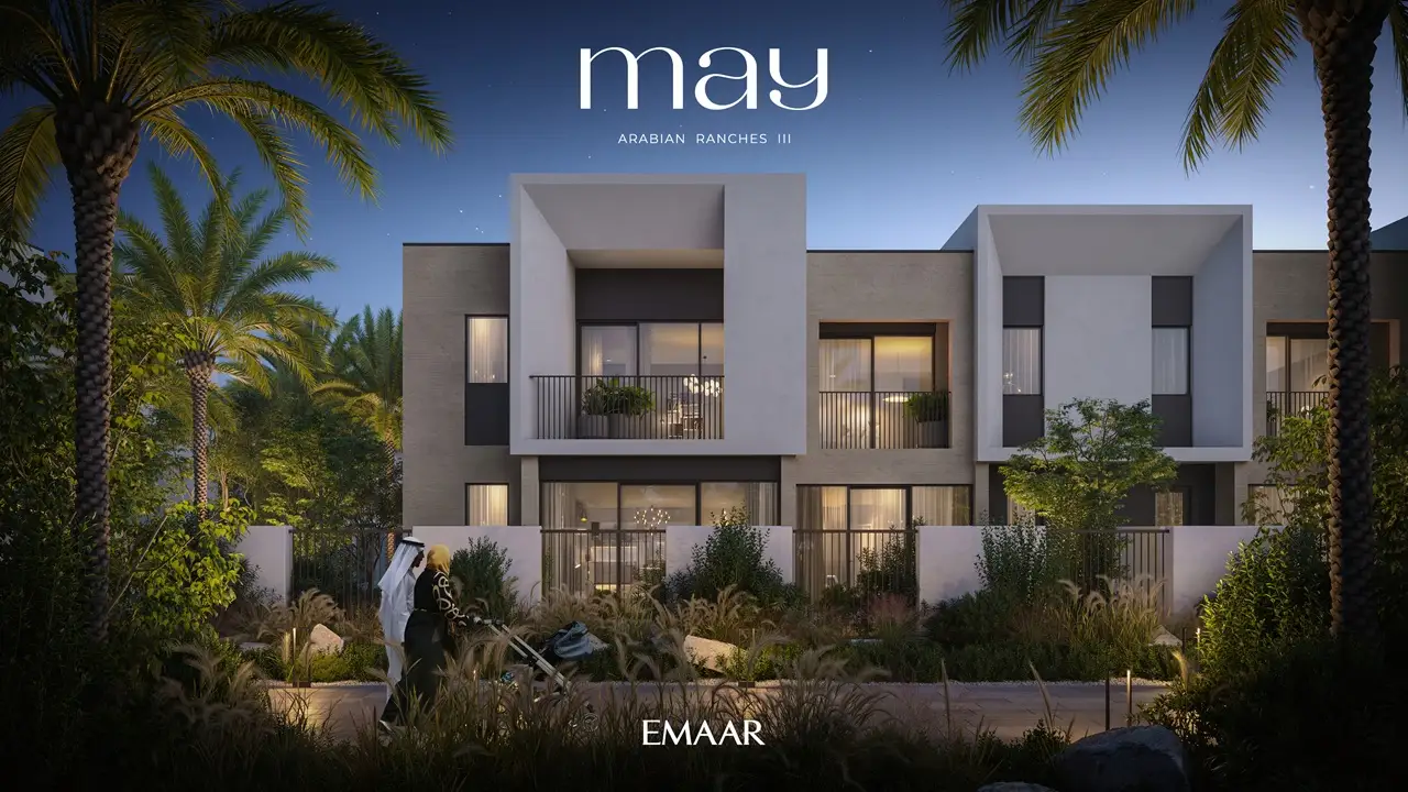 May at Arabian Ranches 3 by Emaar Properties contemporary townhouses illuminated at night with landscaped gardens in Dubai Presented by Tohid Fetrat