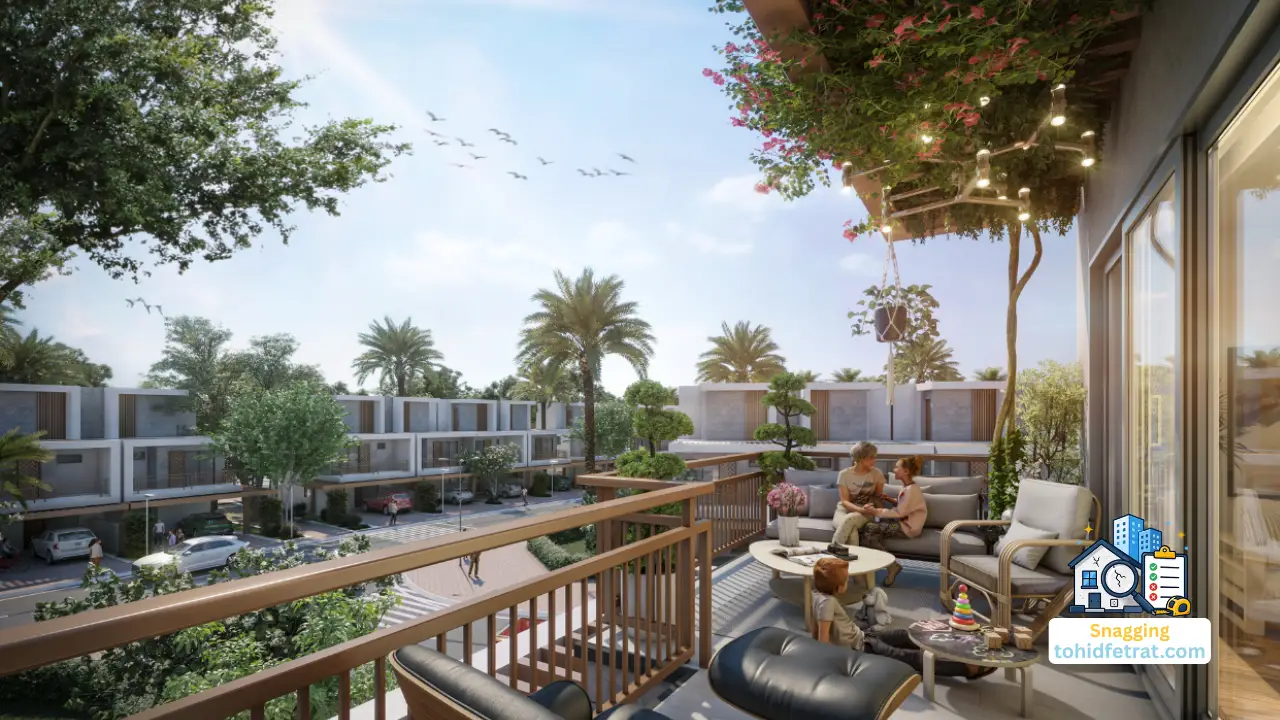 Natura at DAMAC Hills 2 by DAMAC Properties townhouse balcony overlooking landscaped streets and contemporary residences highlighting independent snagging inspection in Dubai Presented by Tohid Fetrat
