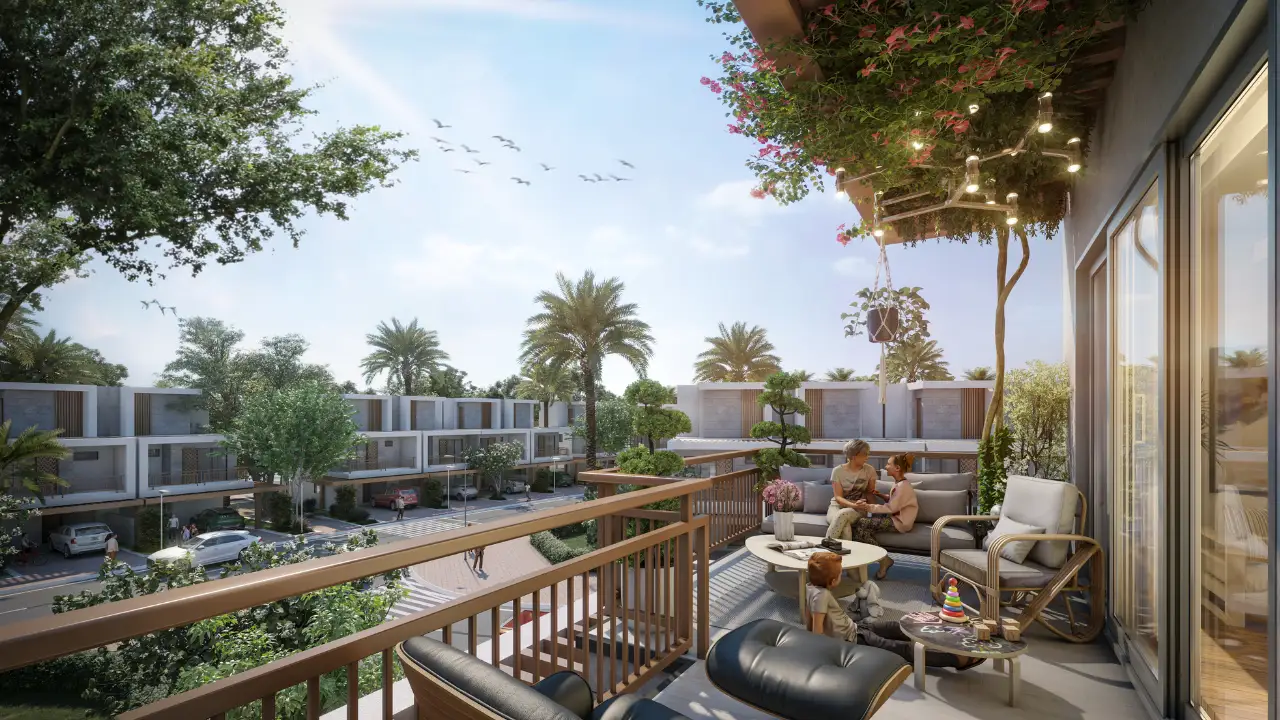 Natura at DAMAC Hills 2 by DAMAC Properties townhouse balcony overlooking landscaped streets contemporary residences and lush greenery in Dubai Presented by Tohid Fetrat