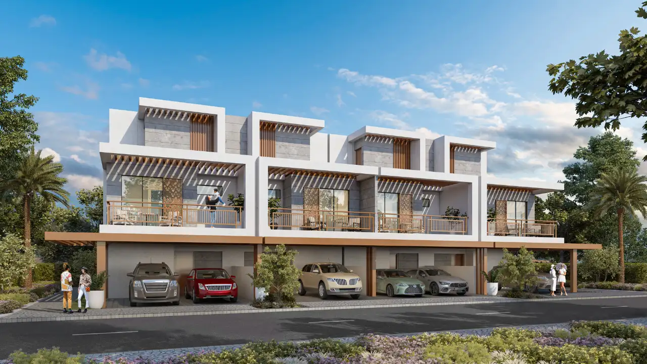 Natura at DAMAC Hills 2 by DAMAC Properties contemporary townhouse front elevation with covered parking balconies landscaped surroundings and modern architecture in Dubai Presented by Tohid Fetrat