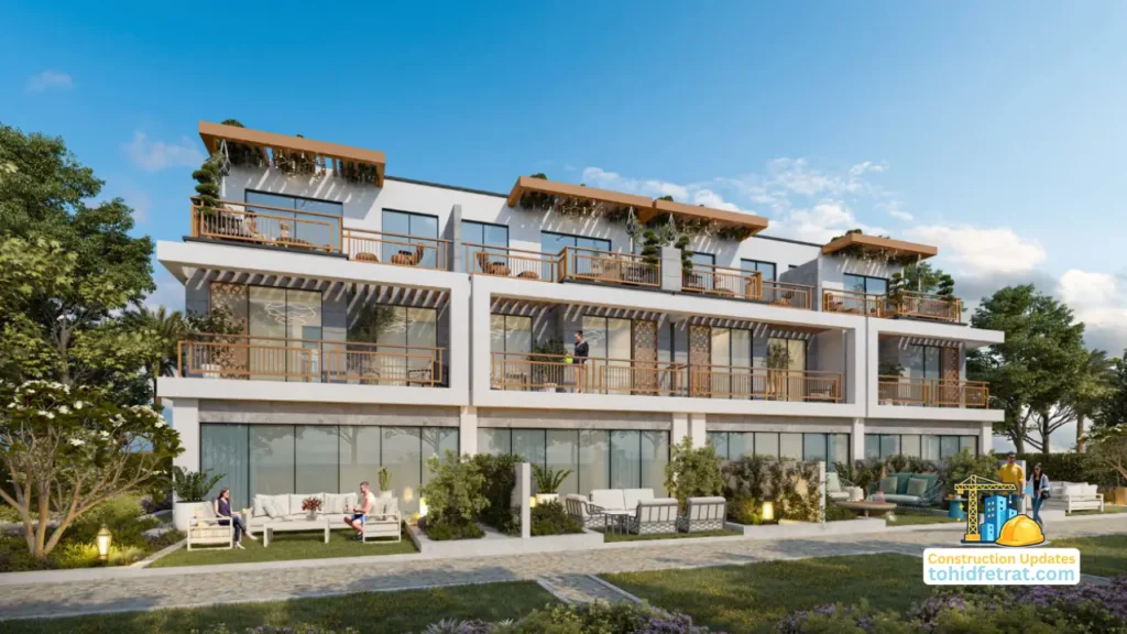 Natura at DAMAC Hills 2 by DAMAC Properties contemporary townhouses with landscaped private gardens spacious balconies and modern facade design during construction update in Dubai Presented by Tohid Fetrat