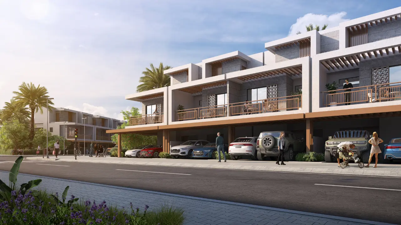 Natura at DAMAC Hills 2 by DAMAC Properties contemporary townhouse street view with covered parking spacious balconies and modern architectural design in Dubai Presented by Tohid Fetrat