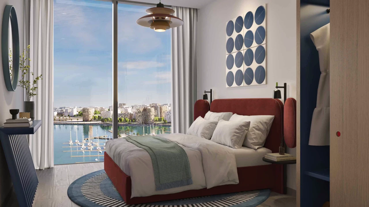 Nautica One by Select Group in Dubai Maritime City contemporary bedroom with marina views through floor to ceiling windows in Dubai Presented by Tohid Fetrat