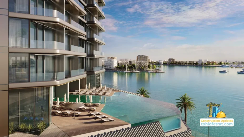 Nautica One by Select Group in Dubai Maritime City infinity pool and waterfront view for construction updates in Dubai Presented by Tohid Fetrat