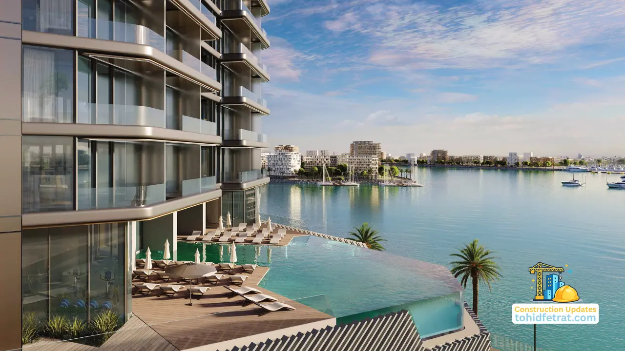 Nautica One by Select Group in Dubai Maritime City infinity pool and waterfront view for construction updates in Dubai Presented by Tohid Fetrat