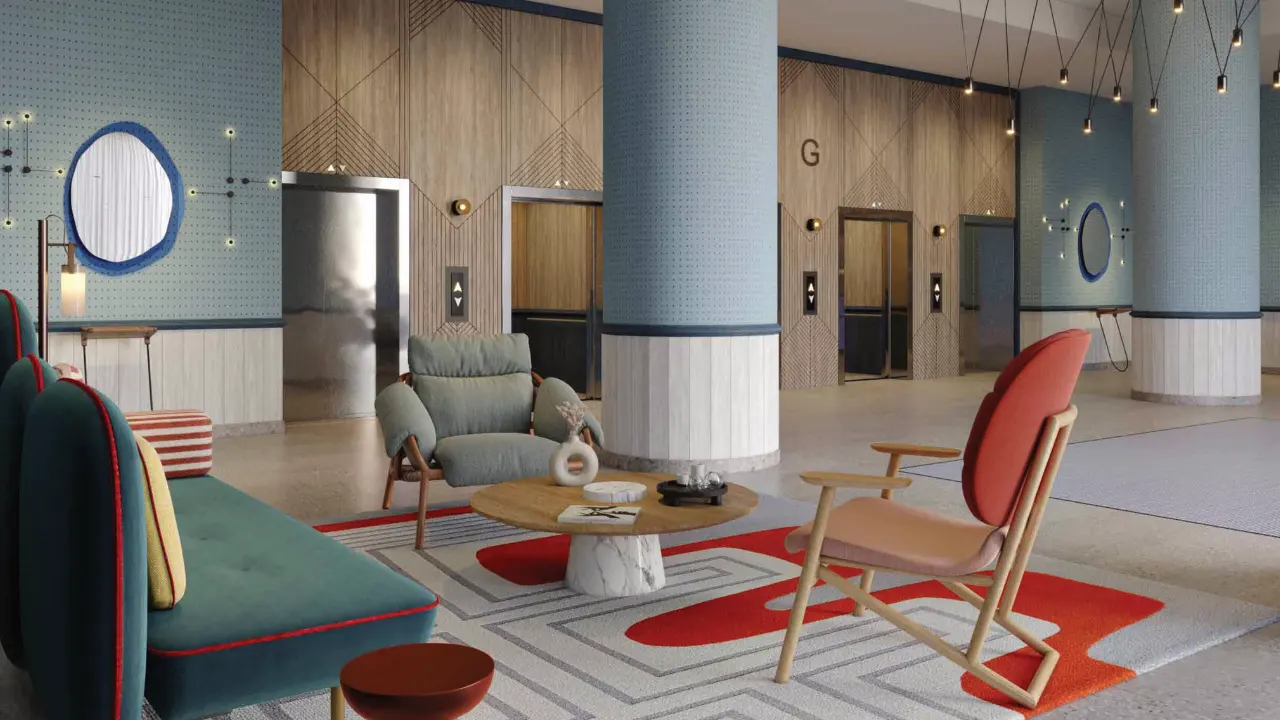 Nautica One by Select Group in Dubai Maritime City contemporary lobby with designer seating and elevator lounge in Dubai Presented by Tohid Fetrat