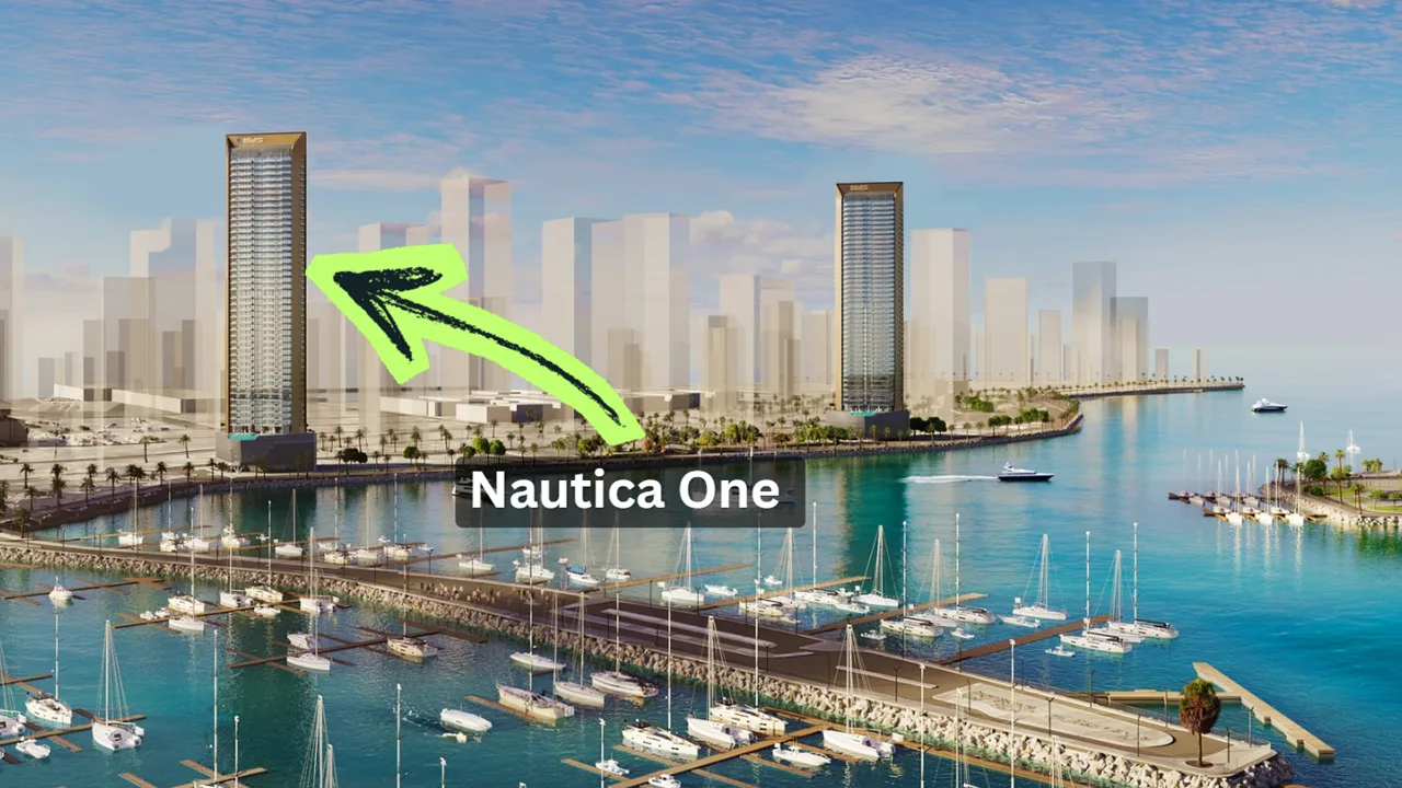 Nautica One by Select Group location within Dubai Maritime City highlighting the waterfront tower in Dubai Presented by Tohid Fetrat
