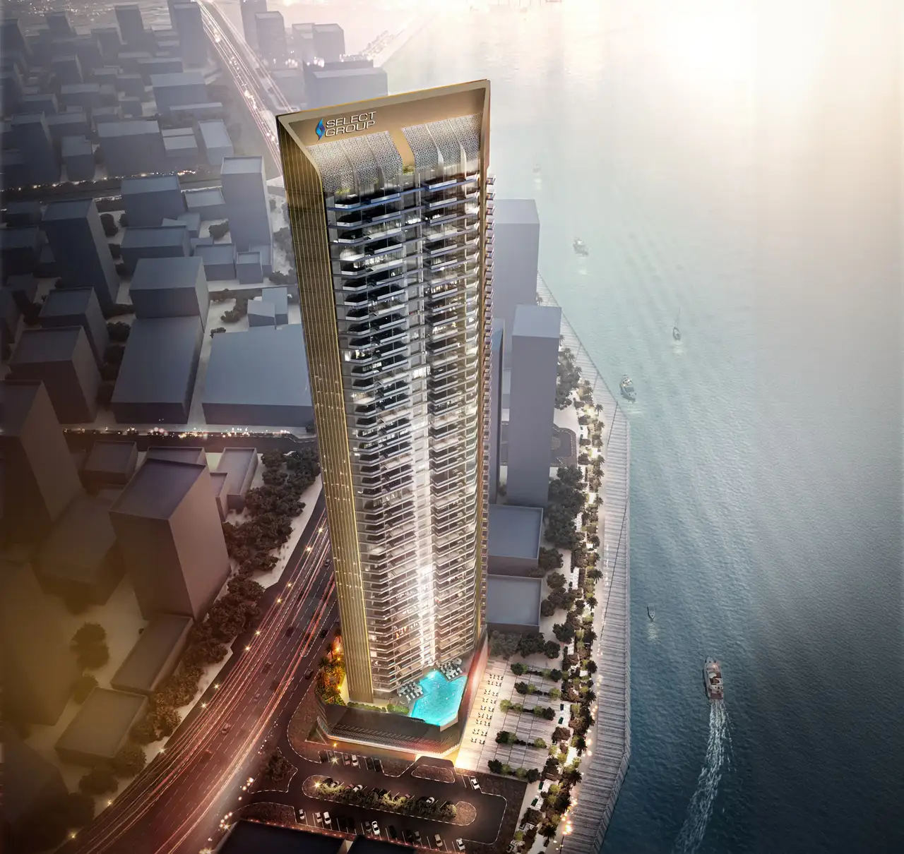 Nautica Two by Select Group in Dubai Maritime City aerial view of the waterfront residential tower beside the Gulf and marina in Dubai Presented by Tohid Fetrat