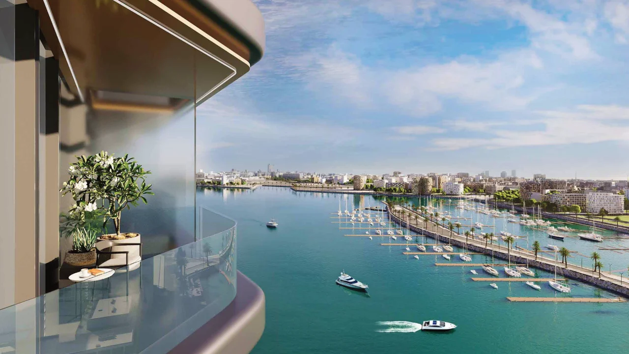 Nautica Two by Select Group in Dubai Maritime City private balcony overlooking the marina Gulf waterfront and yacht harbor in Dubai Presented by Tohid Fetrat