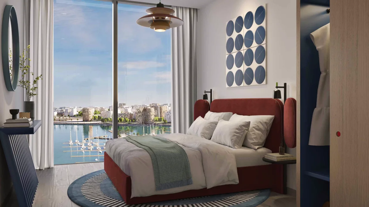 Nautica Two by Select Group in Dubai Maritime City contemporary bedroom with floor to ceiling windows marina views and modern interior design in Dubai Presented by Tohid Fetrat