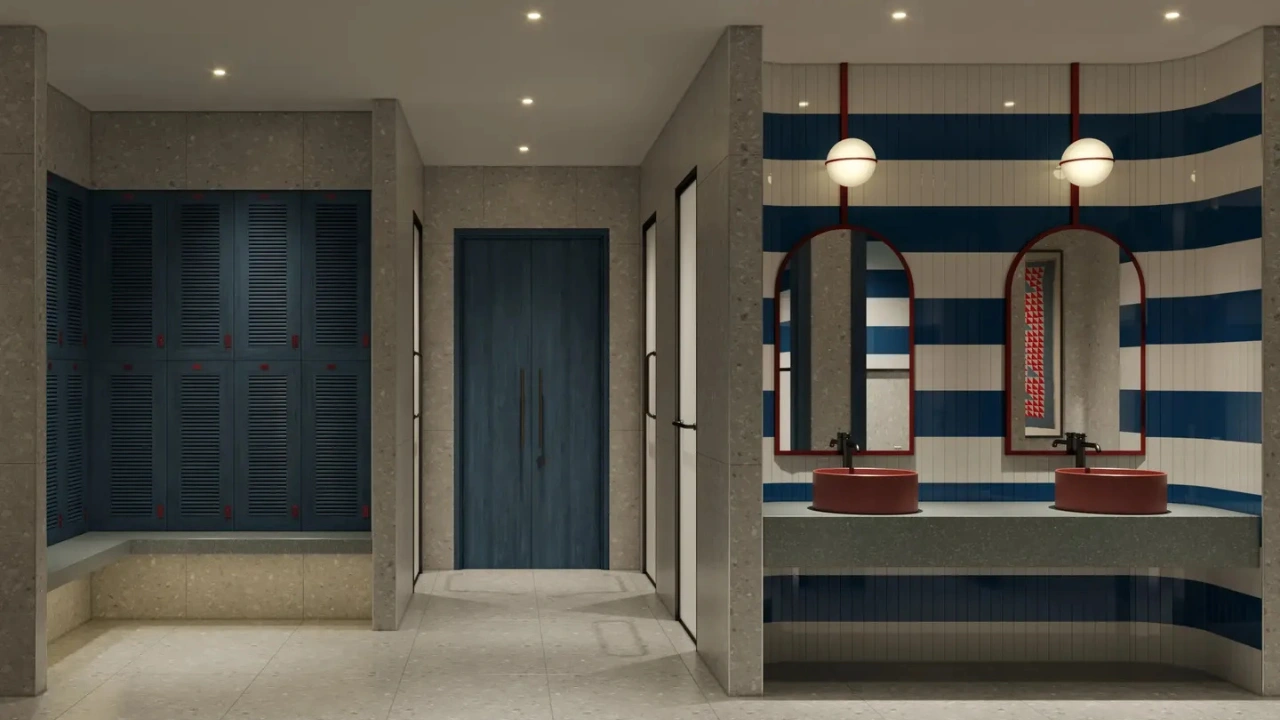 Nautica Two by Select Group in Dubai Maritime City contemporary changing room with lockers designer wash basins and modern interior finishes in Dubai Presented by Tohid Fetrat
