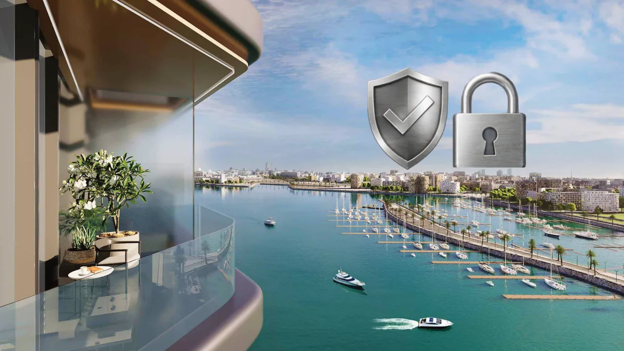 Nautica Two by Select Group in Dubai Maritime City escrow account concept with waterfront marina view shield and security lock icons in Dubai Presented by Tohid Fetrat