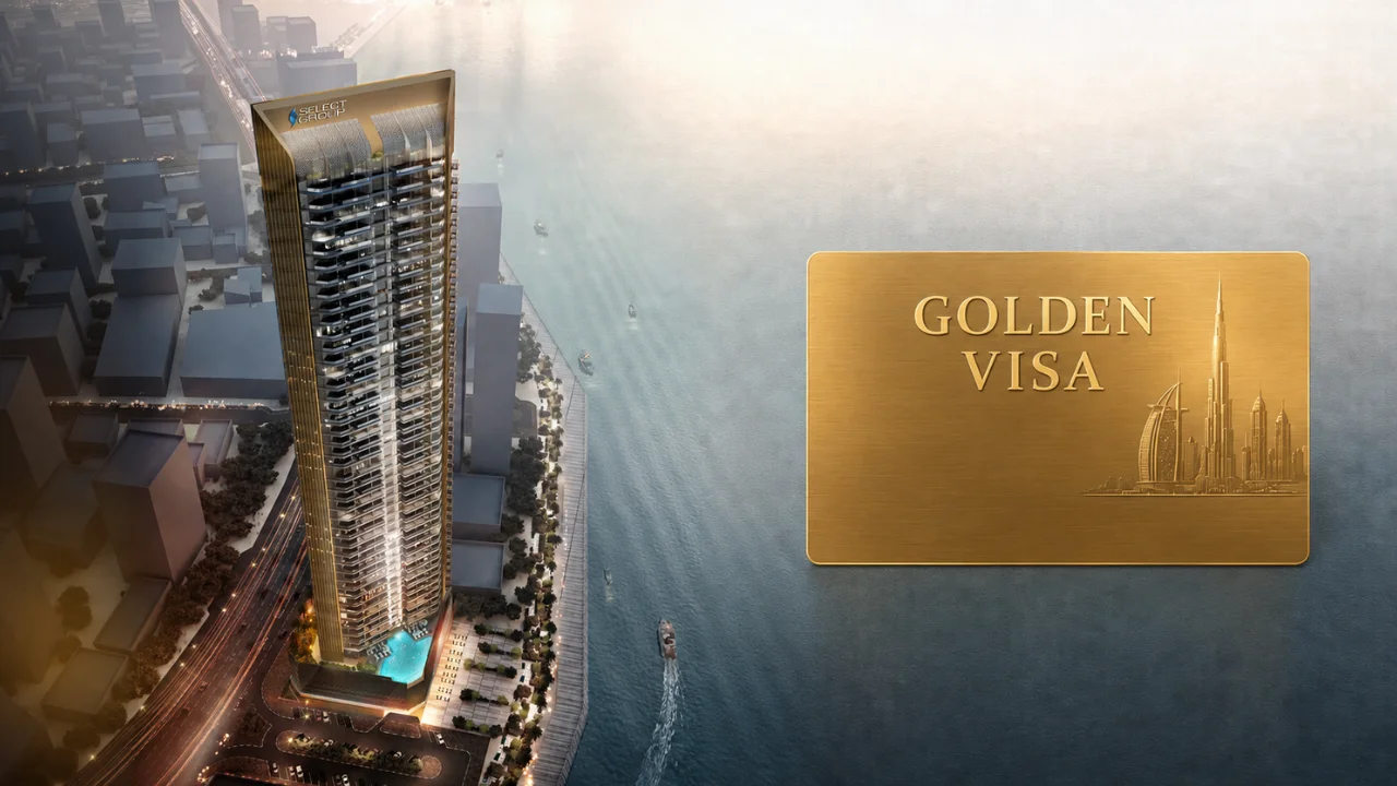 Nautica Two by Select Group in Dubai Maritime City Golden Visa eligibility concept with waterfront residential tower and Golden Visa card in Dubai Presented by Tohid Fetrat
