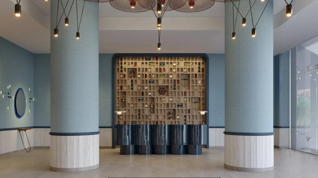 Nautica Two by Select Group in Dubai Maritime City contemporary lobby with reception desk designer lighting decorative feature wall and elegant interiors in Dubai Presented by Tohid Fetrat