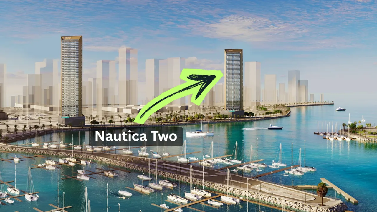 Nautica Two by Select Group location within Dubai Maritime City showing the waterfront tower overlooking the marina and Gulf in Dubai Presented by Tohid Fetrat