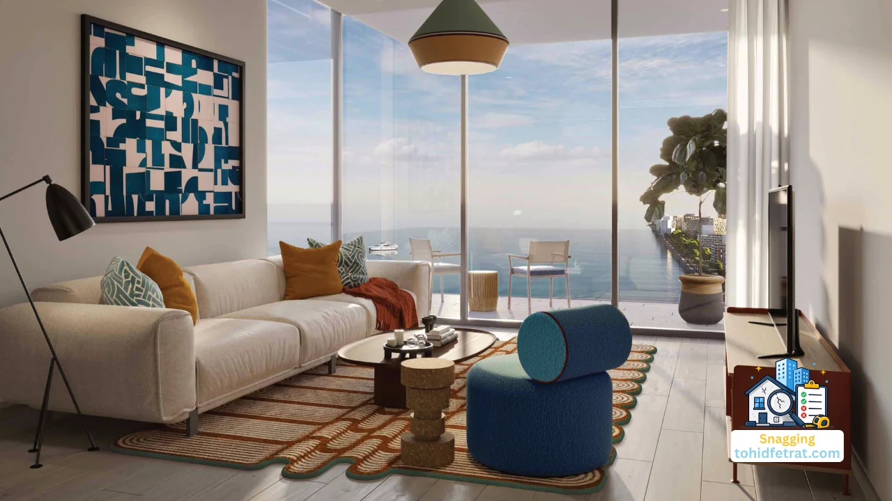 Nautica Two by Select Group in Dubai Maritime City snagging inspection concept featuring a contemporary living room with floor to ceiling windows and waterfront views in Dubai Presented by Tohid Fetrat