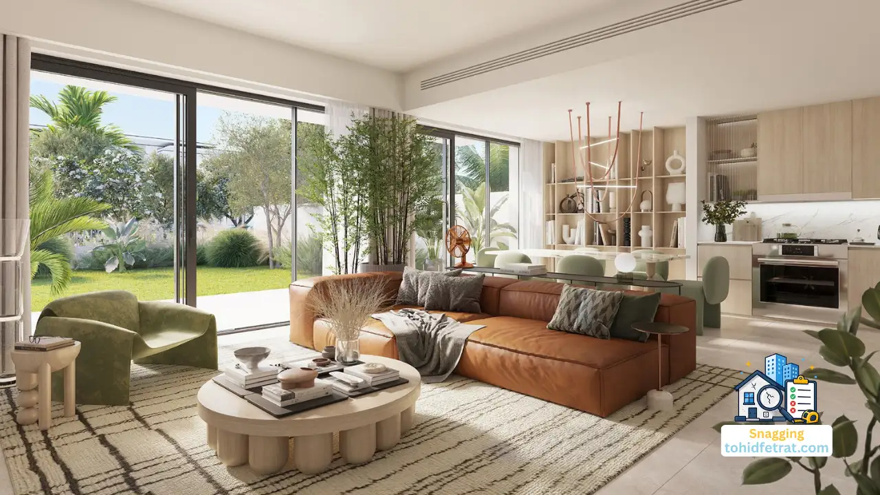 Modern living room at Nima at The Valley by Emaar featuring premium interior finishes, garden views, and open plan living highlighting the importance of an independent inspection before handover. Presented by Tohid Fetrat
