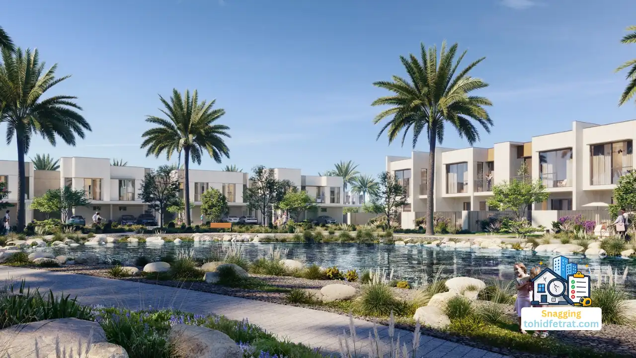Nima at The Valley by Emaar featuring contemporary villas, landscaped waterfront surroundings, and community green spaces for snagging inspection. Presented by Tohid Fetrat