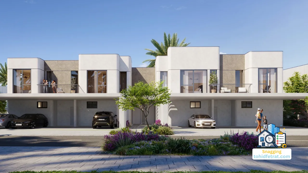Modern townhouses at Nima at The Valley by Emaar featuring contemporary architecture, landscaped surroundings, and premium exterior finishes at the ideal stage for snagging inspection. Presented by Tohid Fetrat