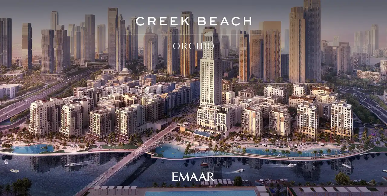 Orchid at Dubai Creek Harbour by Emaar Properties aerial view of the waterfront community with residential buildings canal and Dubai skyline in Dubai Presented by Tohid Fetrat