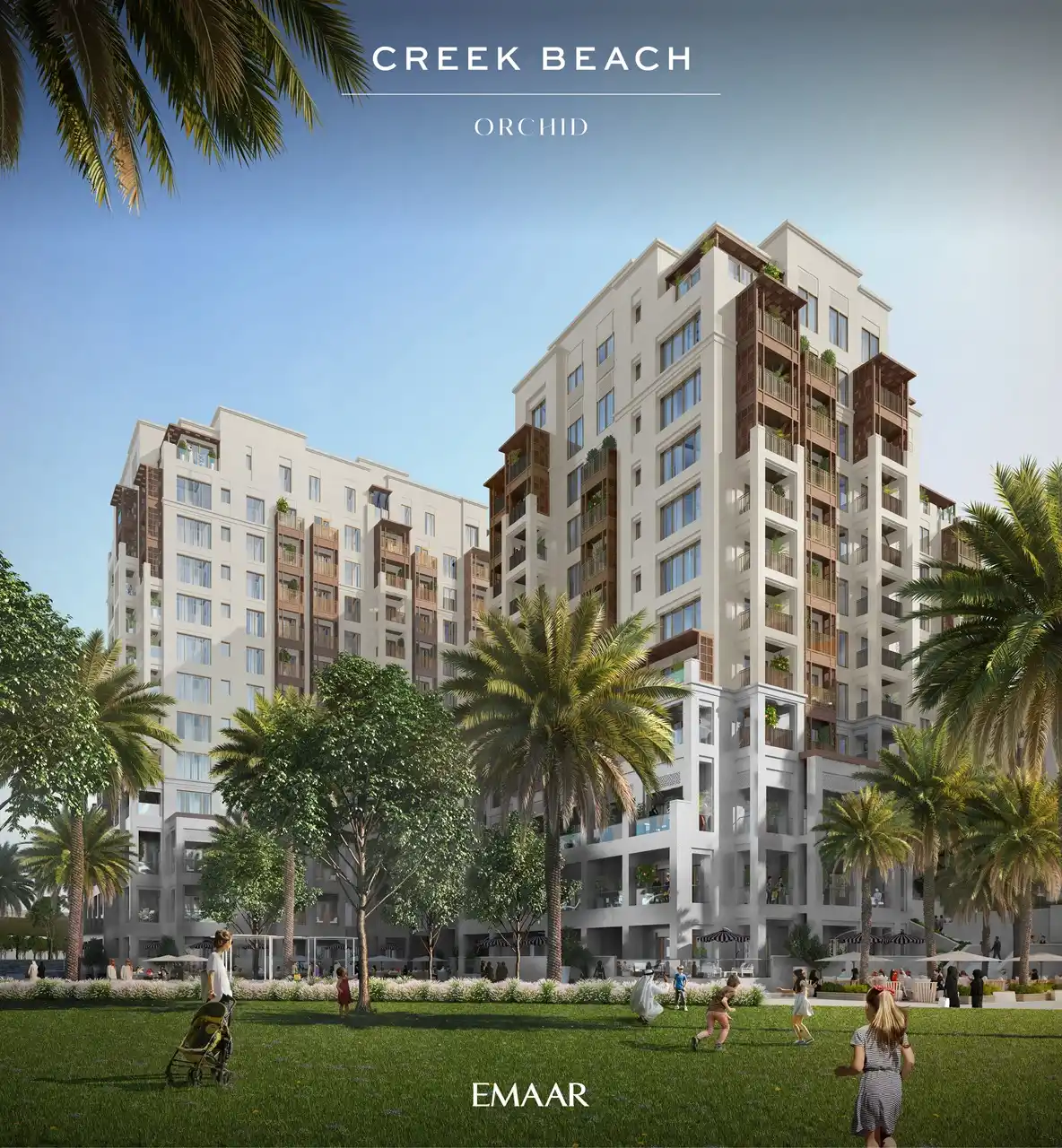 Orchid at Dubai Creek Harbour by Emaar Properties contemporary apartment building surrounded by landscaped gardens and palm trees in Dubai Presented by Tohid Fetrat
