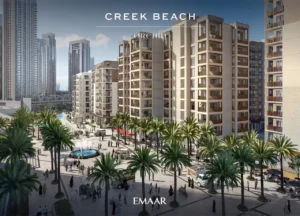 Orchid at Dubai Creek Harbour by Emaar Properties central plaza with landscaped palm lined walkways fountain and contemporary apartment buildings in Dubai Presented by Tohid Fetrat