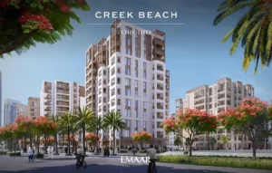 Orchid at Dubai Creek Harbour by Emaar Properties community view featuring contemporary apartment buildings landscaped streets and palm trees in Dubai Presented by Tohid Fetrat