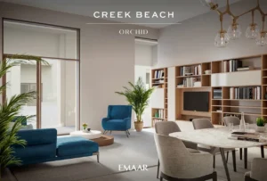 Orchid at Dubai Creek Harbour by Emaar Properties contemporary living and dining area with elegant furnishings and floor to ceiling windows in Dubai Presented by Tohid Fetrat