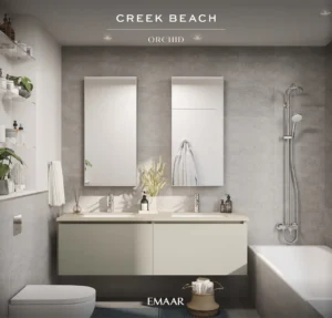 Orchid at Dubai Creek Harbour by Emaar Properties modern bathroom with double vanity bathtub and contemporary finishes in Dubai Presented by Tohid Fetrat