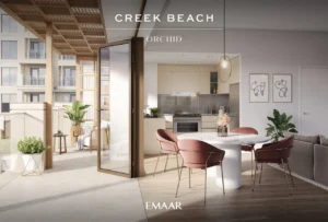 Orchid at Dubai Creek Harbour by Emaar Properties open plan living room with dining area modern kitchen and spacious balcony in Dubai Presented by Tohid Fetrat