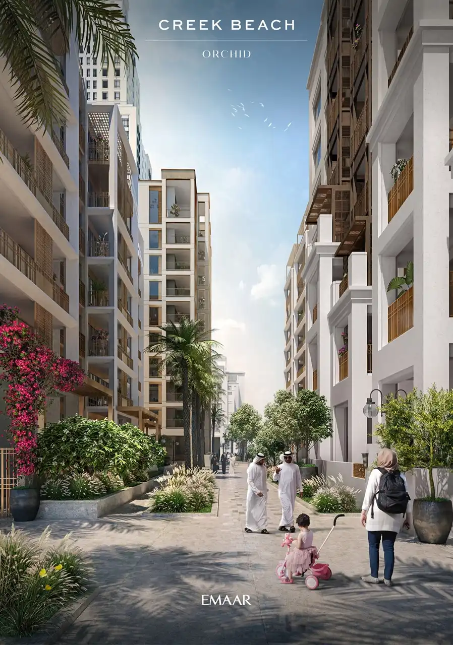 Orchid at Dubai Creek Harbour by Emaar Properties landscaped pedestrian boulevard between contemporary apartment buildings in Dubai Presented by Tohid Fetrat