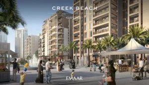 Orchid at Dubai Creek Harbour by Emaar Properties retail and fountain plaza with landscaped walkways outdoor cafés and contemporary apartment buildings in Dubai Presented by Tohid Fetrat