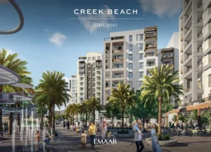 Orchid at Dubai Creek Harbour by Emaar Properties retail promenade with landscaped walkways palm trees fountains and contemporary apartment buildings in Dubai Presented by Tohid Fetrat