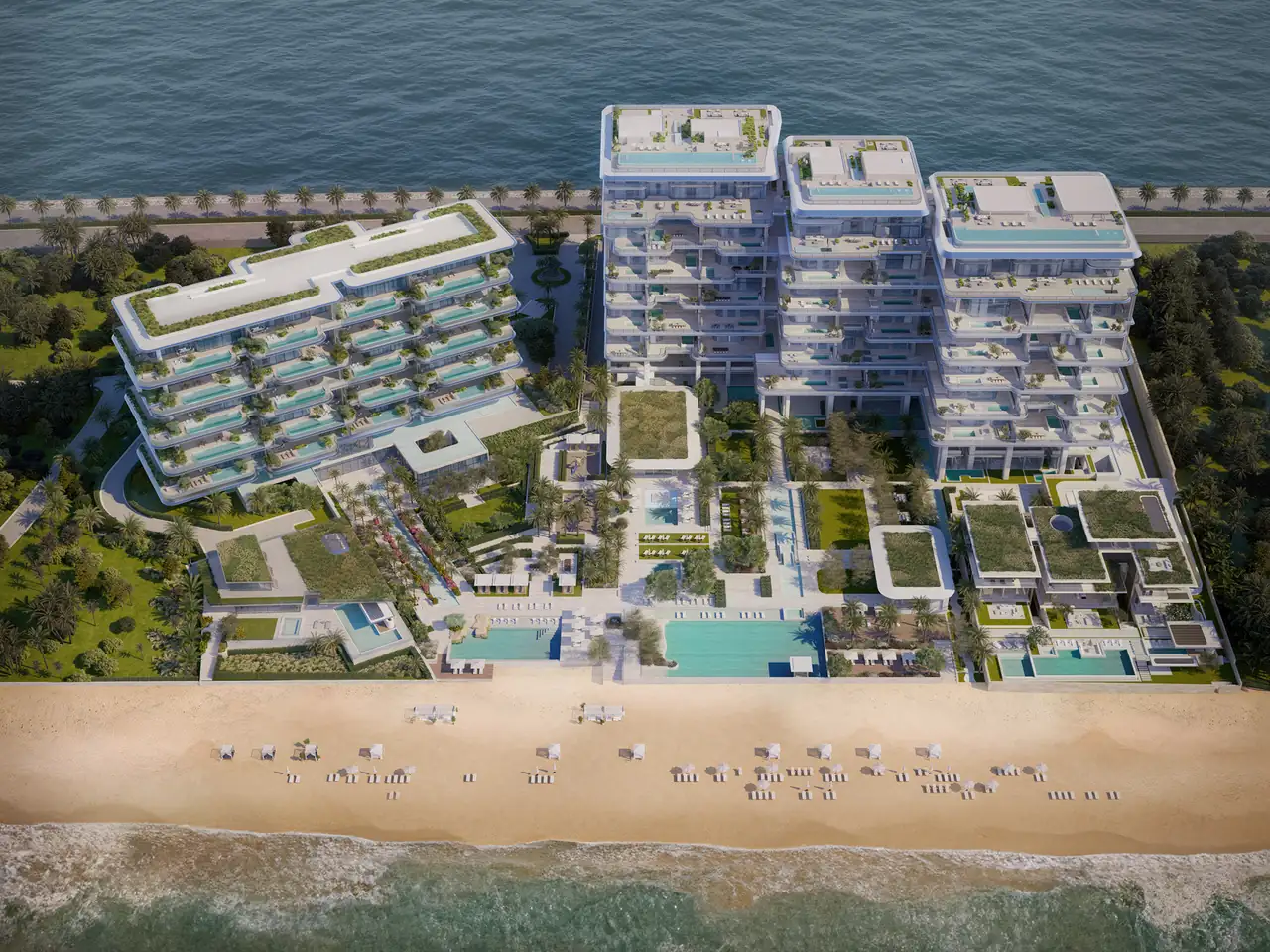 ORLA and ORLA Infinity Dorchester Collection by Omniyat aerial beachfront view of low rise residences with private terrace pools landscaped gardens and direct sand access in Dubai - Presented by Tohid Fetrat