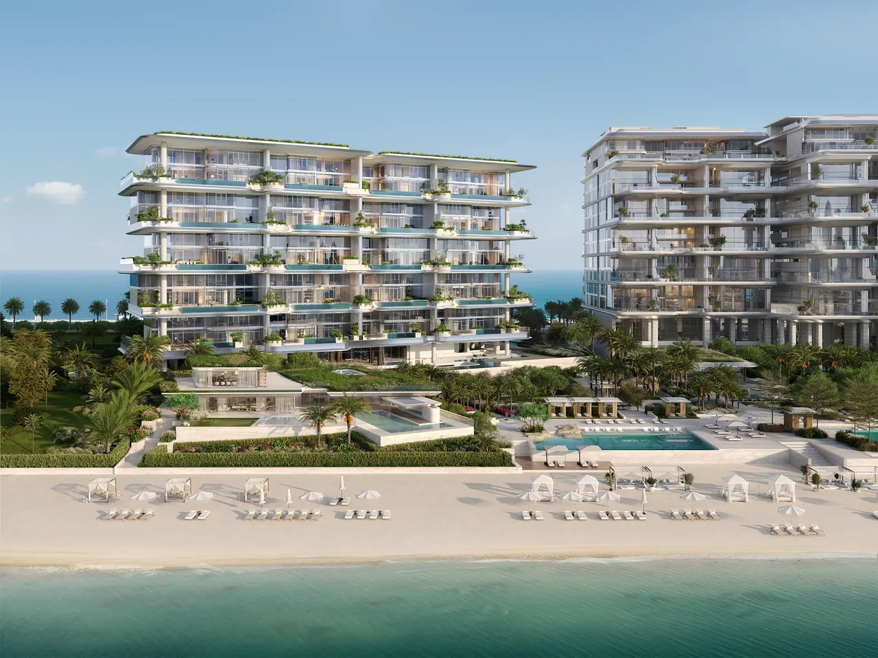 ORLA and ORLA Infinity Dorchester Collection by Omniyat beachfront residences with communal pool decks landscaped gardens beach cabanas and terrace planting on every level in Dubai - Presented by Tohid Fetrat