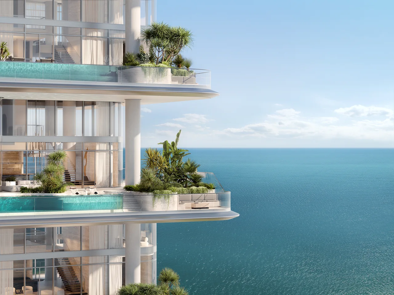 ORLA Infinity Dorchester Collection by Omniyat architectural detail of stacked terraces with slim curved slab edges glass balustrades planted balconies and open water beyond in Dubai - Presented by Tohid Fetrat