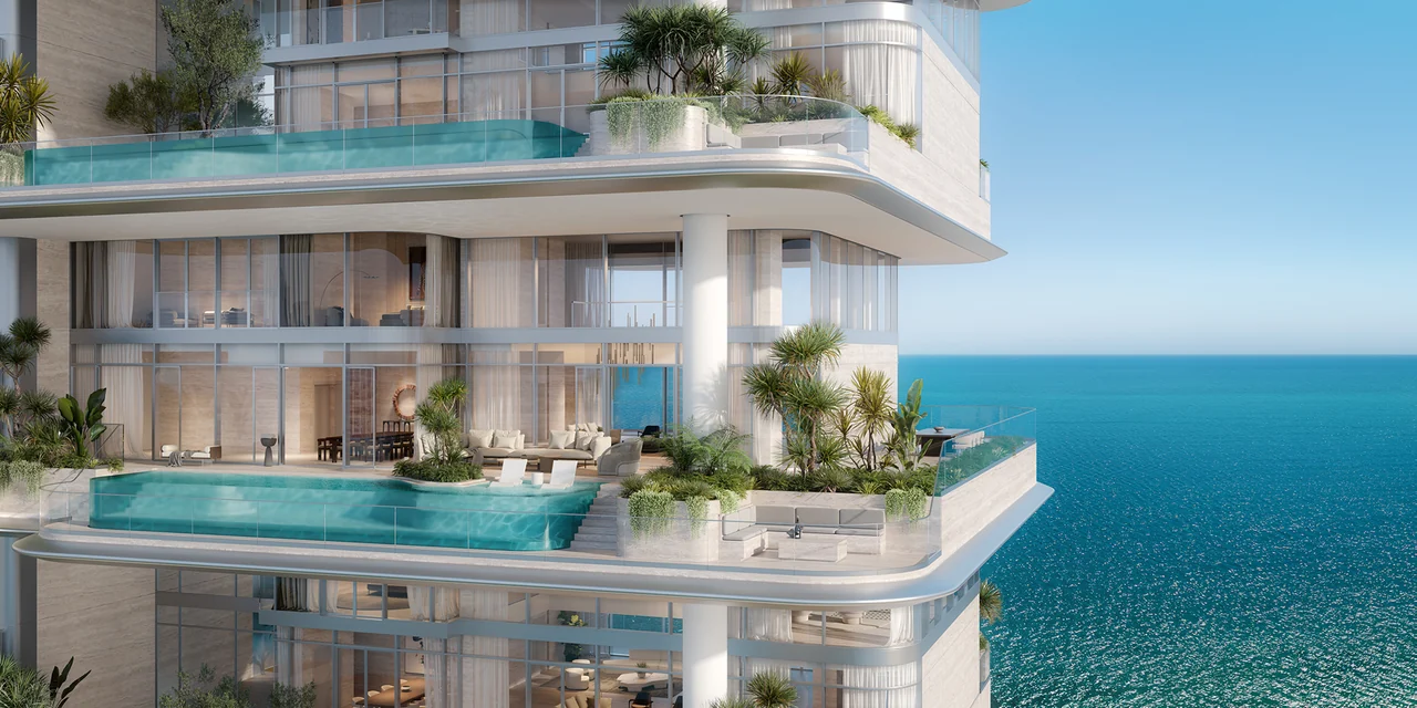 ORLA Infinity Dorchester Collection by Omniyat cantilevered terraces with private glass edged pools mature planting double height interiors and open sea beyond in Dubai - Presented by Tohid Fetrat