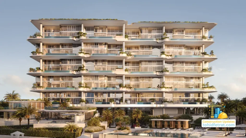 Orla Infinity Palm Jumeirah Dorchester Collection by Omniyat construction update showing the luxury waterfront residential building exterior in Dubai Presented by Tohid Fetrat