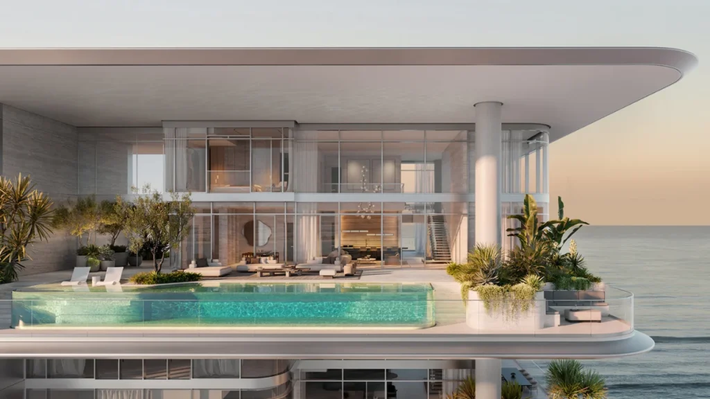 Orla Infinity Palm Jumeirah Dorchester Collection by Omniyat luxury penthouse with private infinity pool expansive waterfront terrace and floor to ceiling glass facade in Dubai Presented by Tohid Fetrat