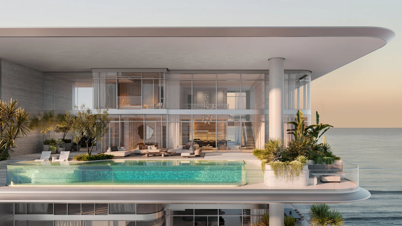 Orla Infinity Palm Jumeirah Dorchester Collection by Omniyat luxury penthouse with private infinity pool expansive waterfront terrace and floor to ceiling glass facade in Dubai Presented by Tohid Fetrat