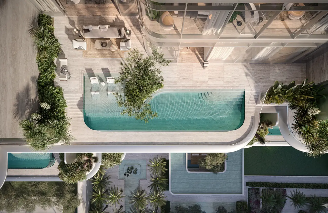ORLA Infinity Dorchester Collection by Omniyat private terrace pool seen from above with outdoor lounge seating mature olive tree and layered terrace planting in Dubai - Presented by Tohid Fetrat