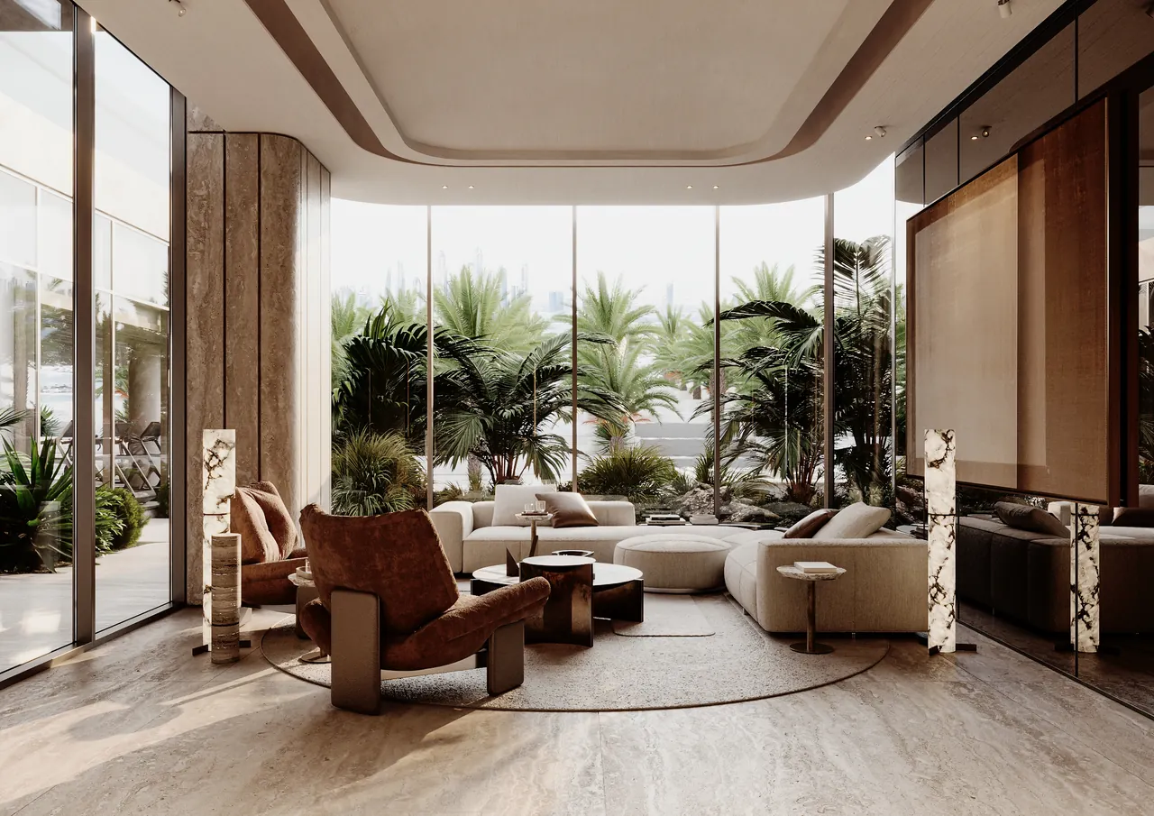 ORLA Infinity Dorchester Collection by Omniyat residents lounge with travertine flooring alabaster floor lamps curved ceiling and palm courtyard views in Dubai - Presented by Tohid Fetrat
