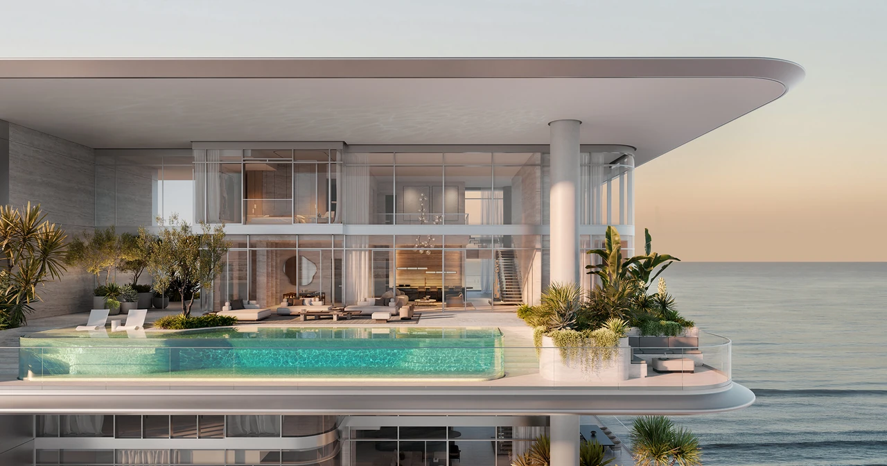 ORLA Infinity Dorchester Collection by Omniyat signature penthouse with cantilevered pool terrace double height glazing mature planting and open sea views at sunset in Dubai - Presented by Tohid Fetrat