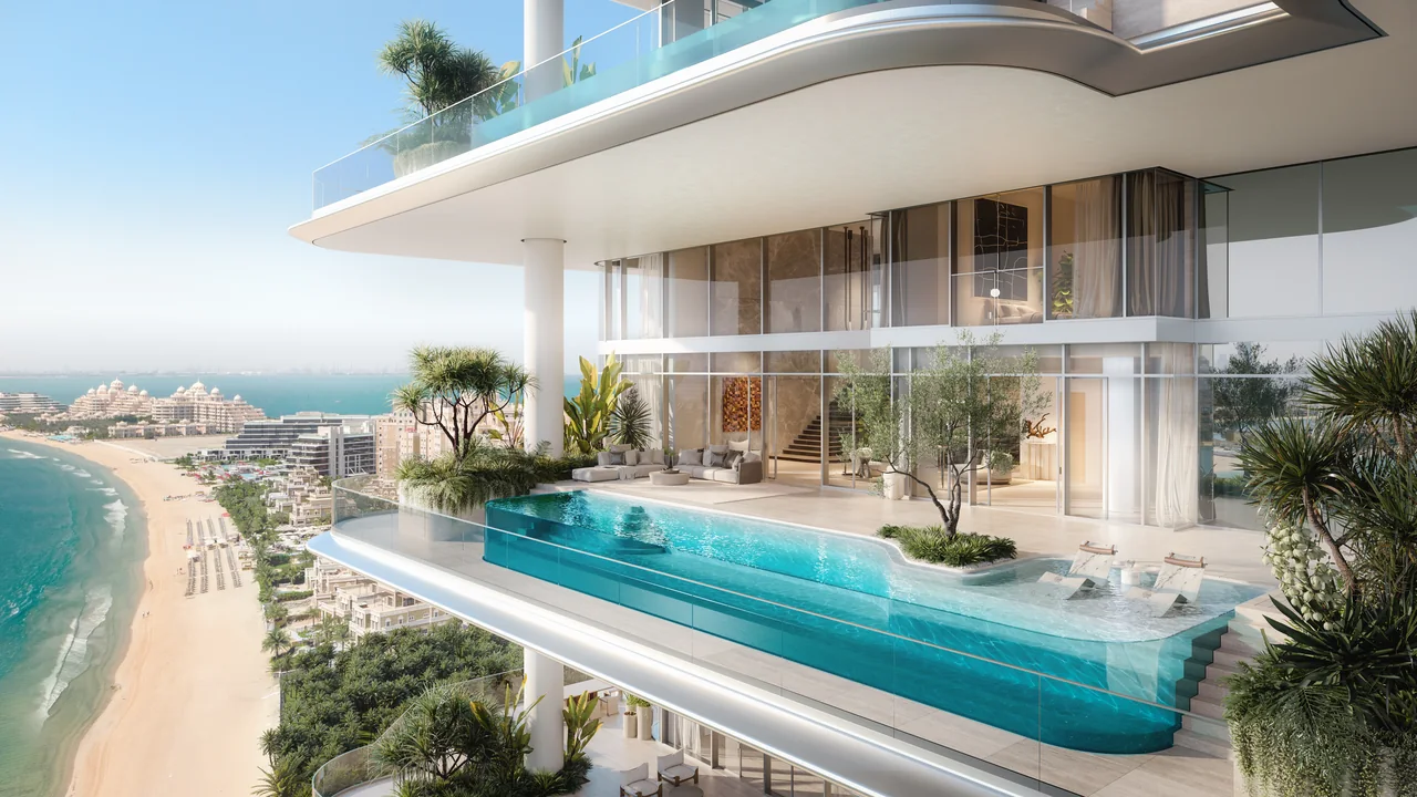 ORLA Infinity Dorchester Collection by Omniyat terrace with private infinity pool outdoor lounge mature olive tree and views along the Palm Jumeirah beachfront in Dubai - Presented by Tohid Fetrat