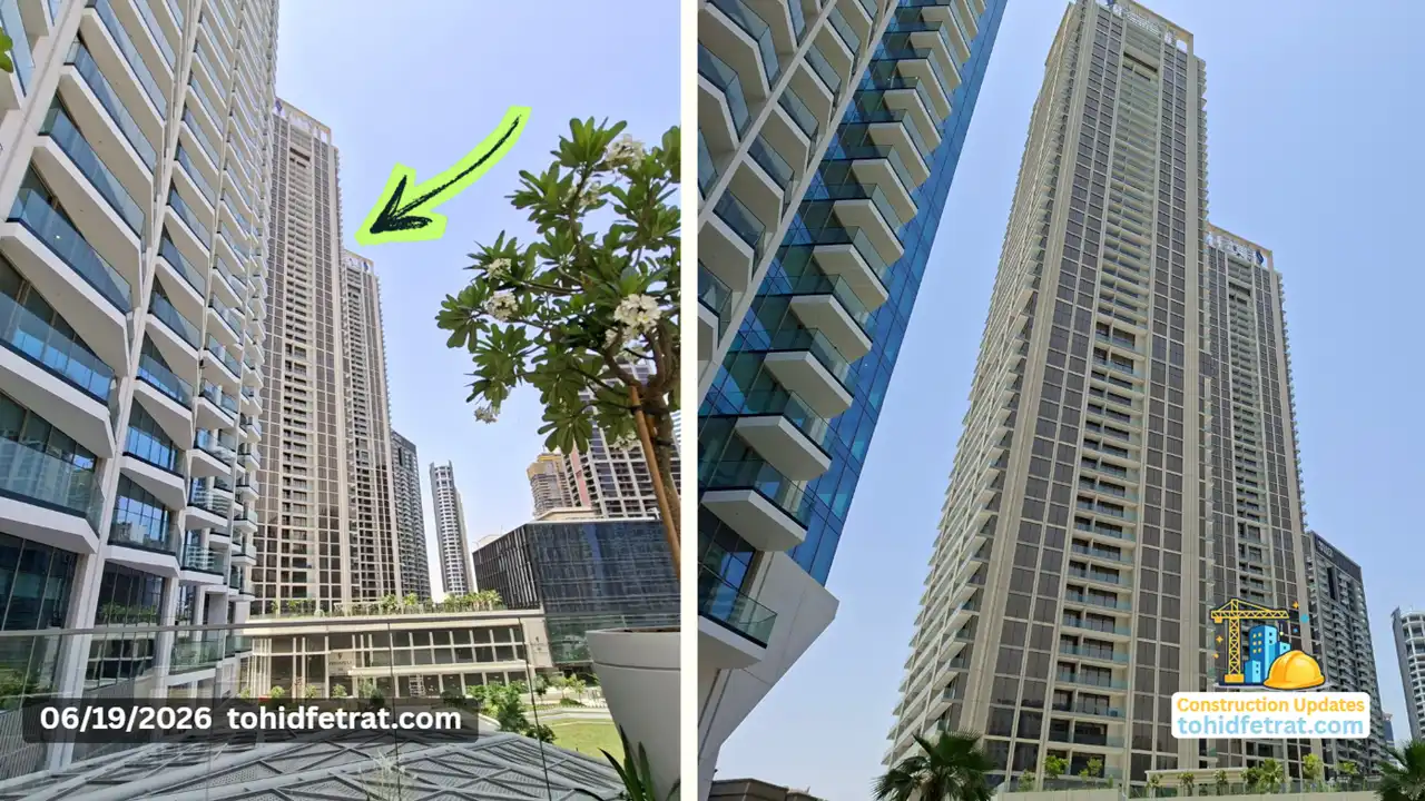Peninsula Four The Plaza Construction Update showing the residential towers on 19 June 2026 in Business Bay Dubai Captured by Tohid Fetrat