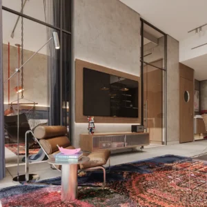 RAW District 2 by Imtiaz contemporary apartment living room interior with premium finishes and modern furnishings in Dubai - Presented by Tohid Fetrat